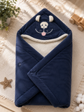 Yellow Apple super - soft baby wrapping with fur - Bear Embroidery- Navy blue and grey