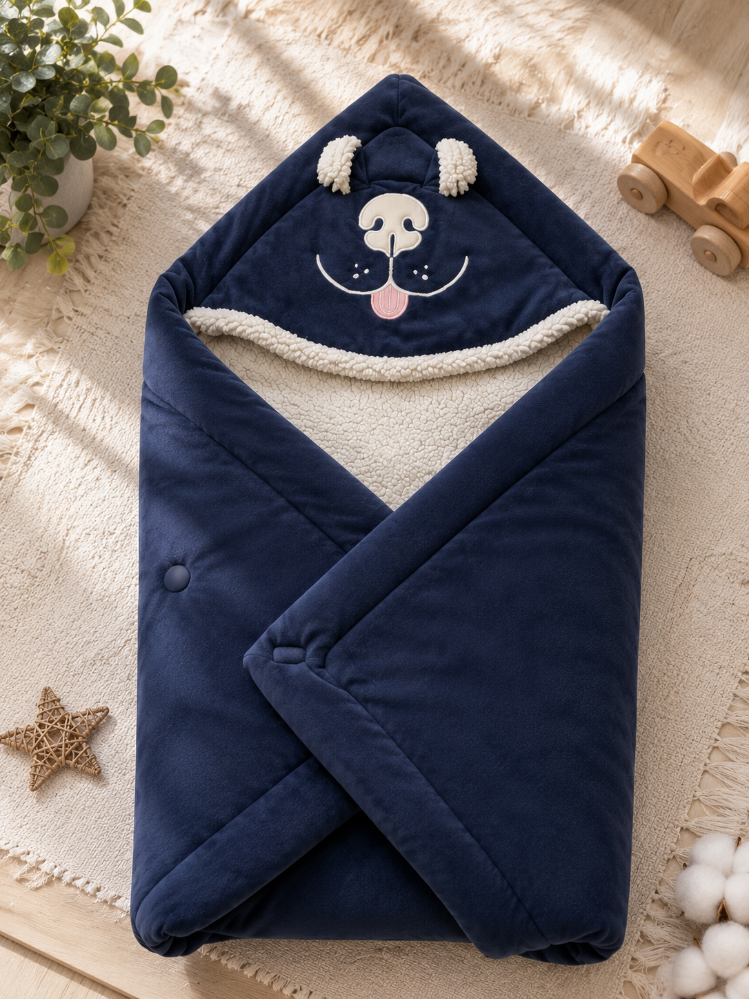 Yellow Apple super - soft baby wrapping with fur - Bear Embroidery- Navy blue and grey