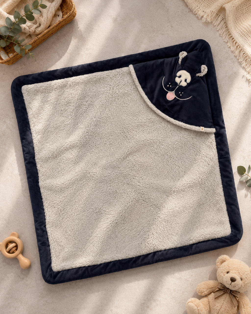 Yellow Apple super - soft baby wrapping with fur - Bear Embroidery- Navy blue and grey