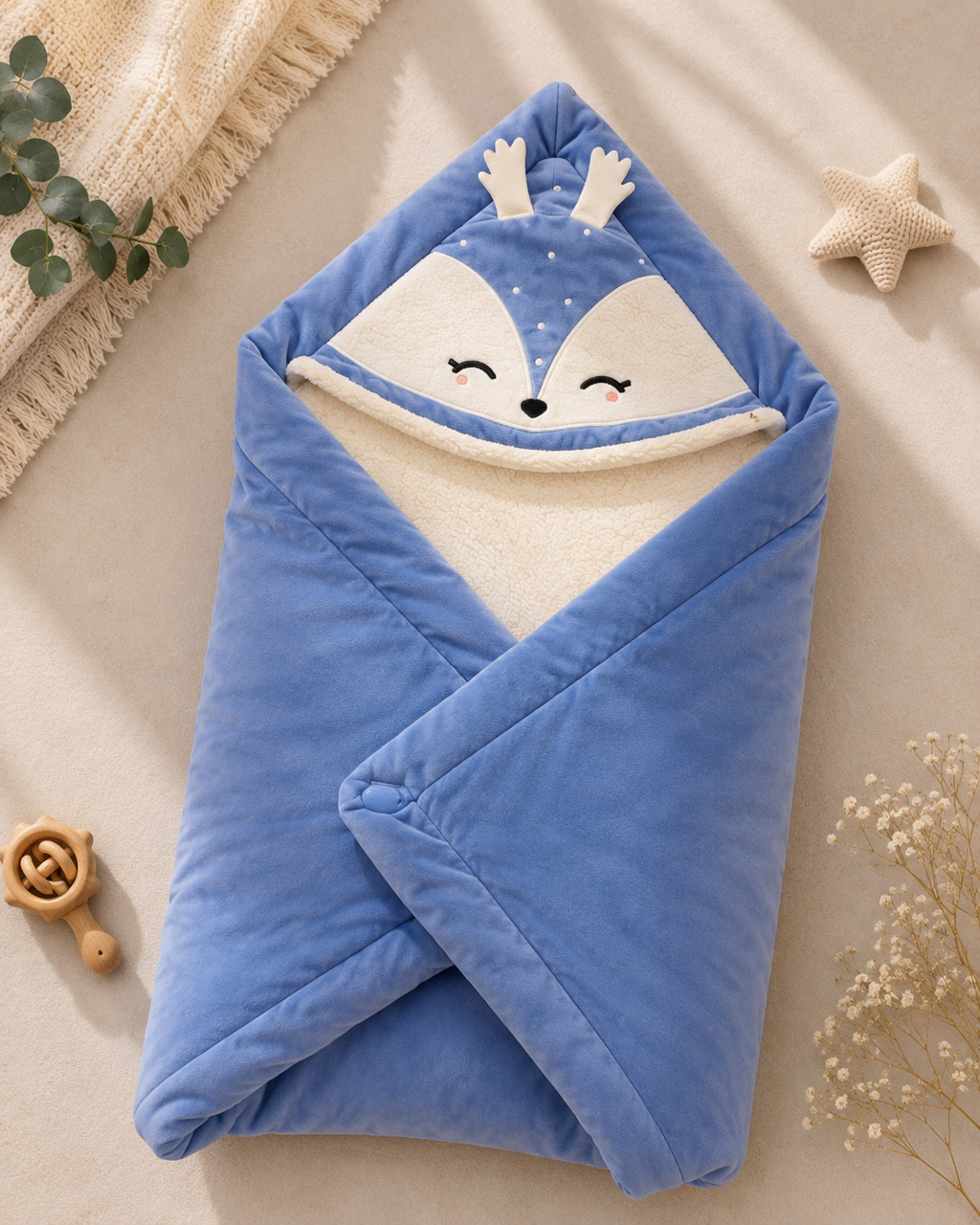 Yellow Apple Super Soft Hooded Baby wrapping - Deer Embroidery- light Blue
