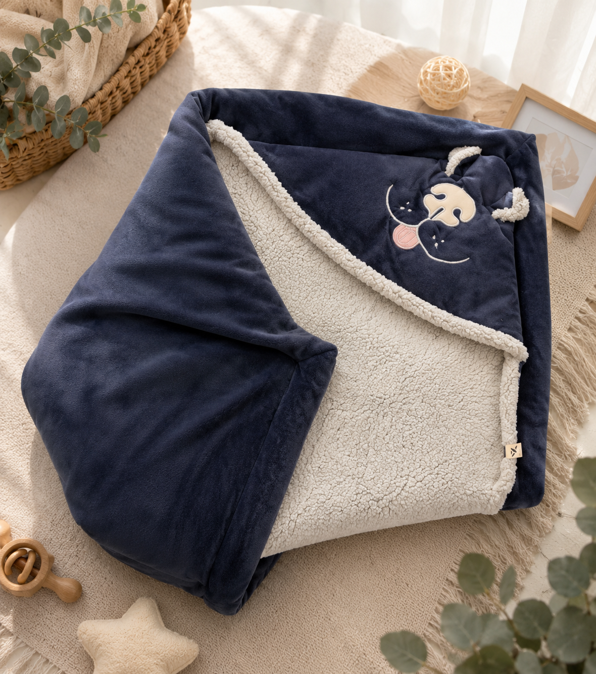 Yellow Apple super - soft baby wrapping with fur - Bear Embroidery- Navy blue and grey