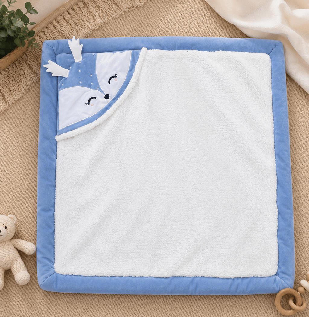 Yellow Apple Super Soft Hooded Baby wrapping - Deer Embroidery- light Blue