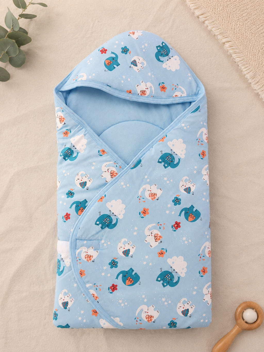 Cradle soft cotton open Hooded wrapover( velcro) - Blue