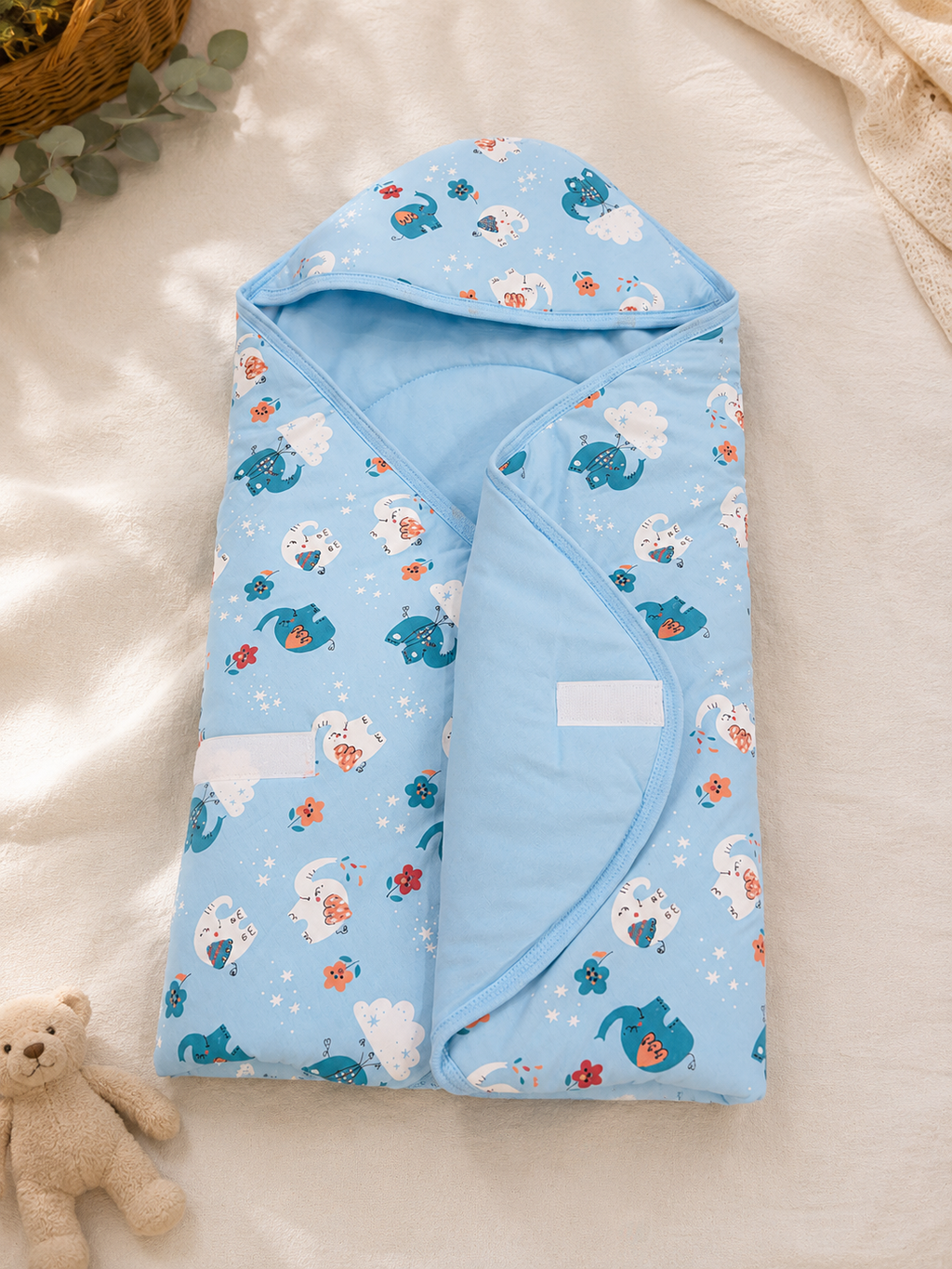 Cradle soft cotton open Hooded wrapover( velcro) - Blue