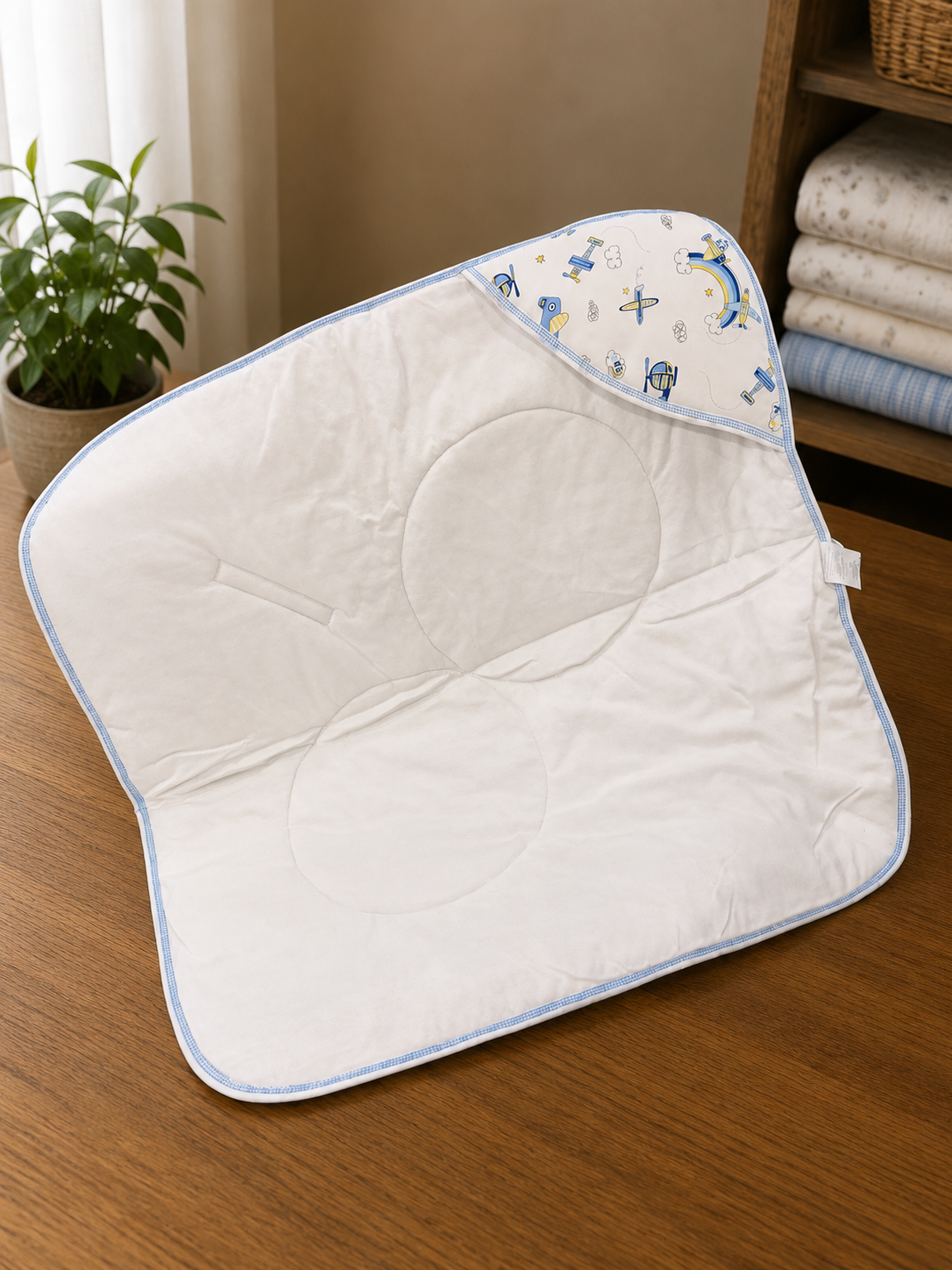 Cradle soft cotton open hooded wrapping (velcro) - white and blue print