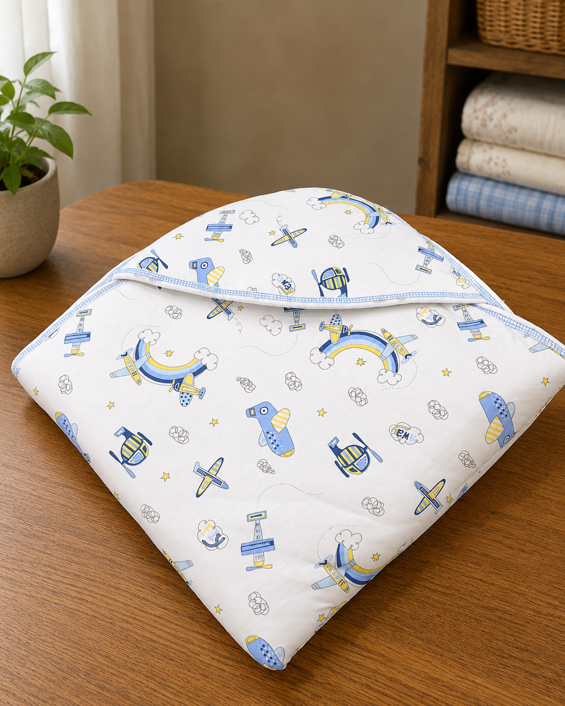 Cradle soft cotton open hooded wrapping (velcro) - white and blue print