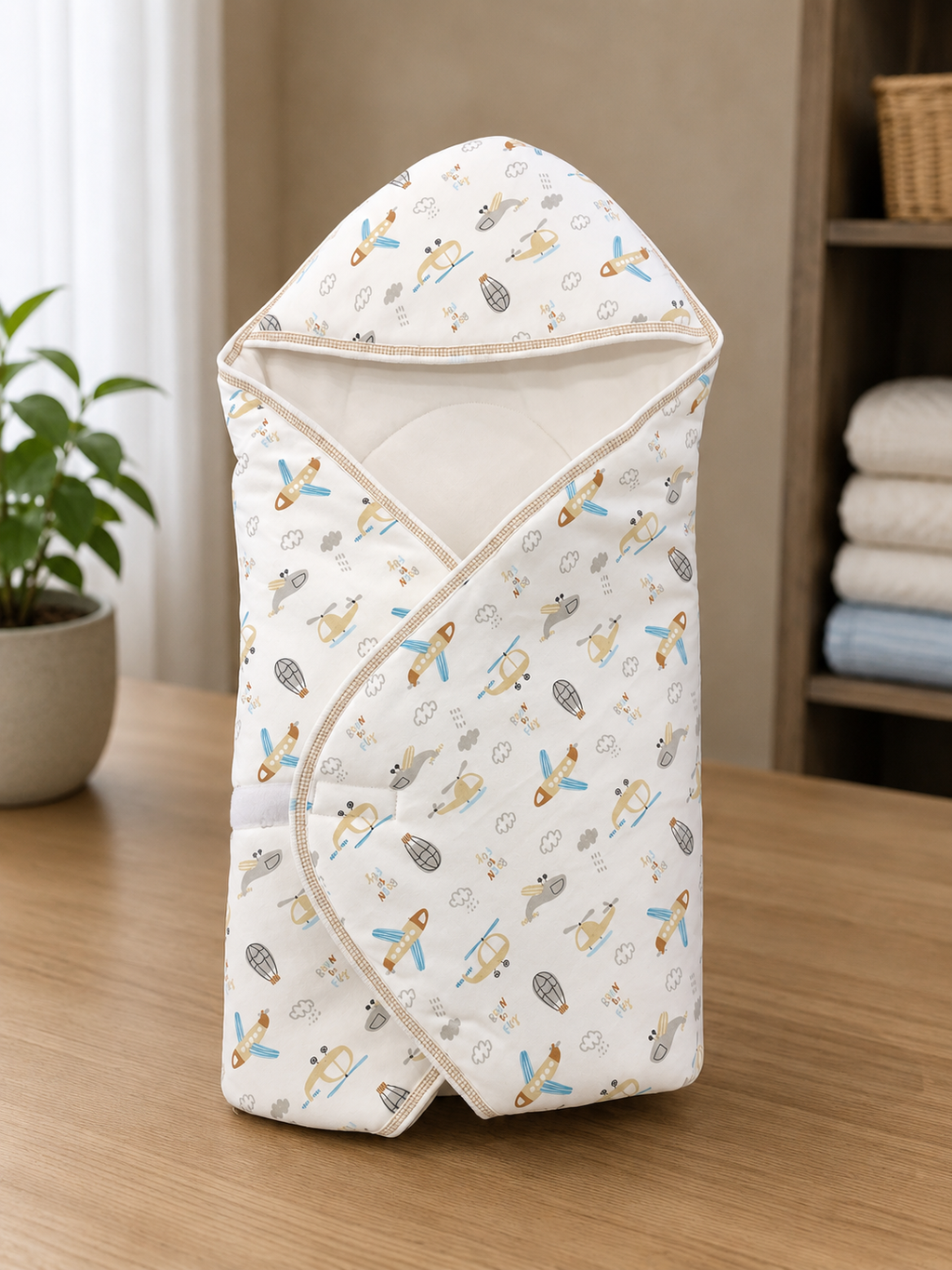 Cradle soft cotton open Hooded wrapover( velcro) - white with beige lining