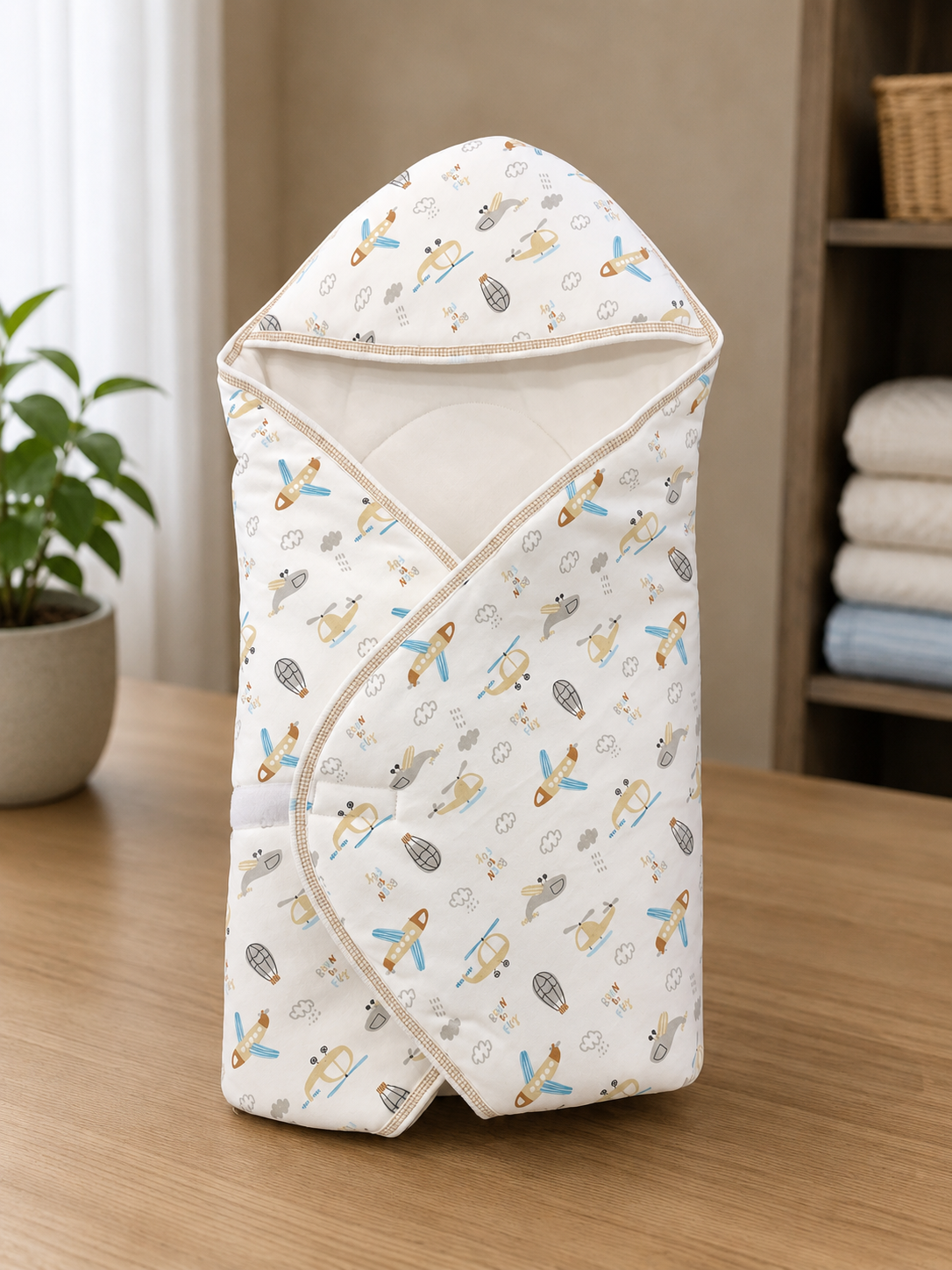 Cradle soft cotton open Hooded wrapover( velcro) - white with beige lining