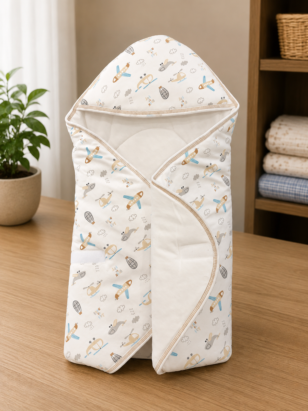 Cradle soft cotton open Hooded wrapover( velcro) - white with beige lining