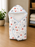 Cradle Soft cotton Baby open Hooded wrapping - white and blue print
