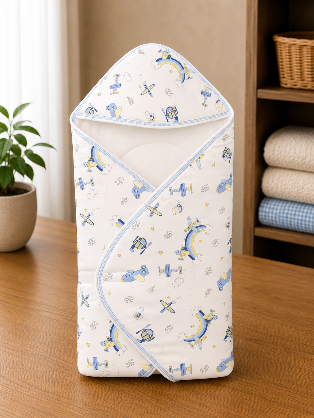 Cradle soft cotton open hooded wrapping (velcro) - white and blue print