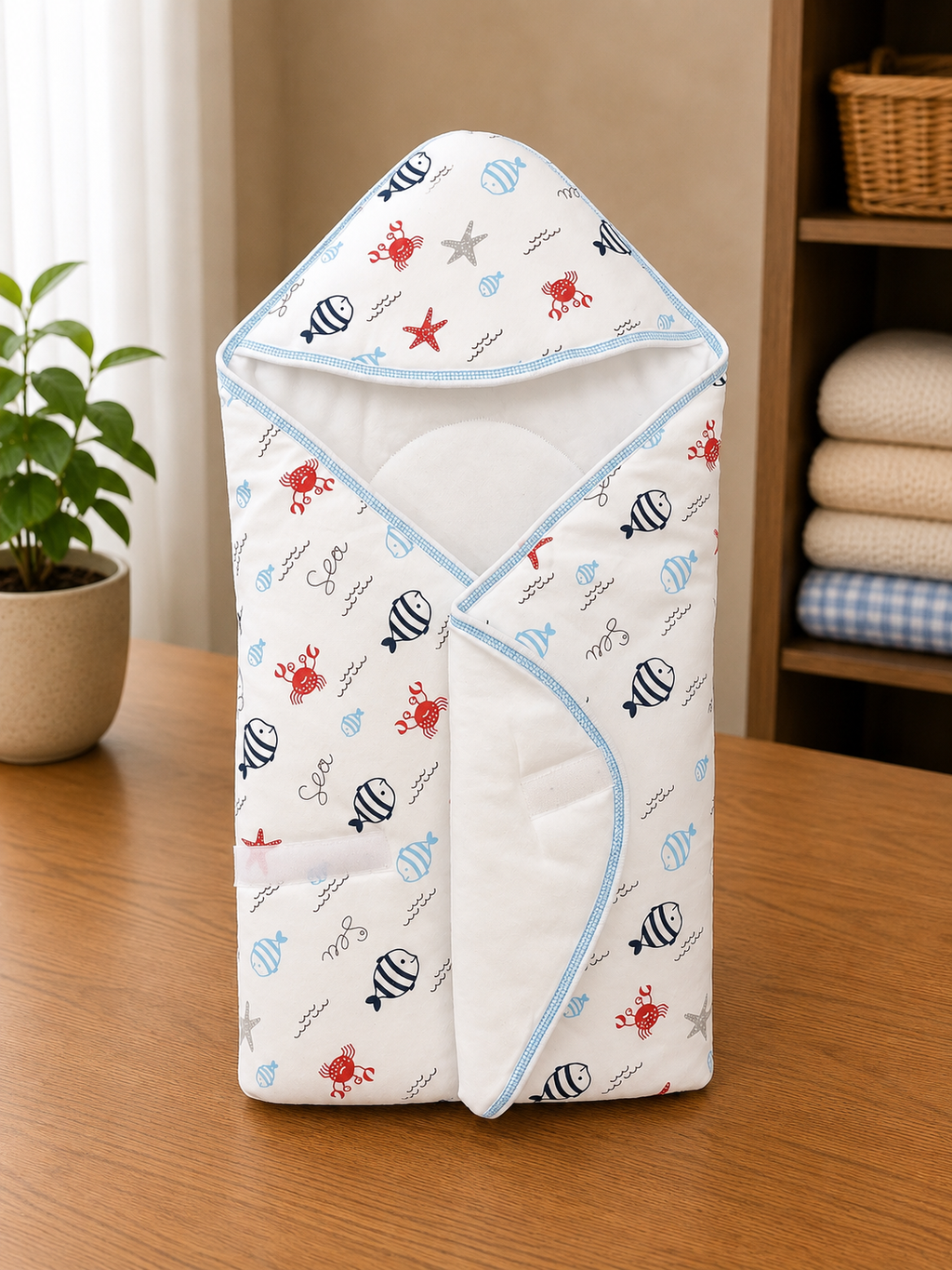 Cradle Soft cotton Baby open Hooded wrapping - white and blue print