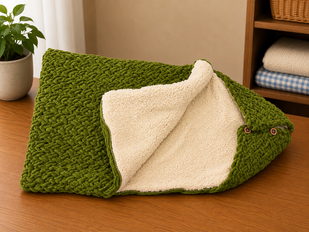 Yellow Apple warm side zip fur Hooded sleeping bag - cable design ( Green)