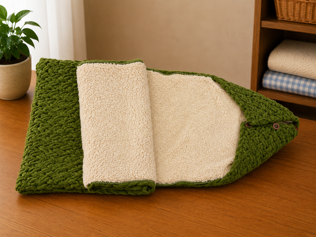 Yellow Apple warm side zip fur Hooded sleeping bag - cable design ( Green)