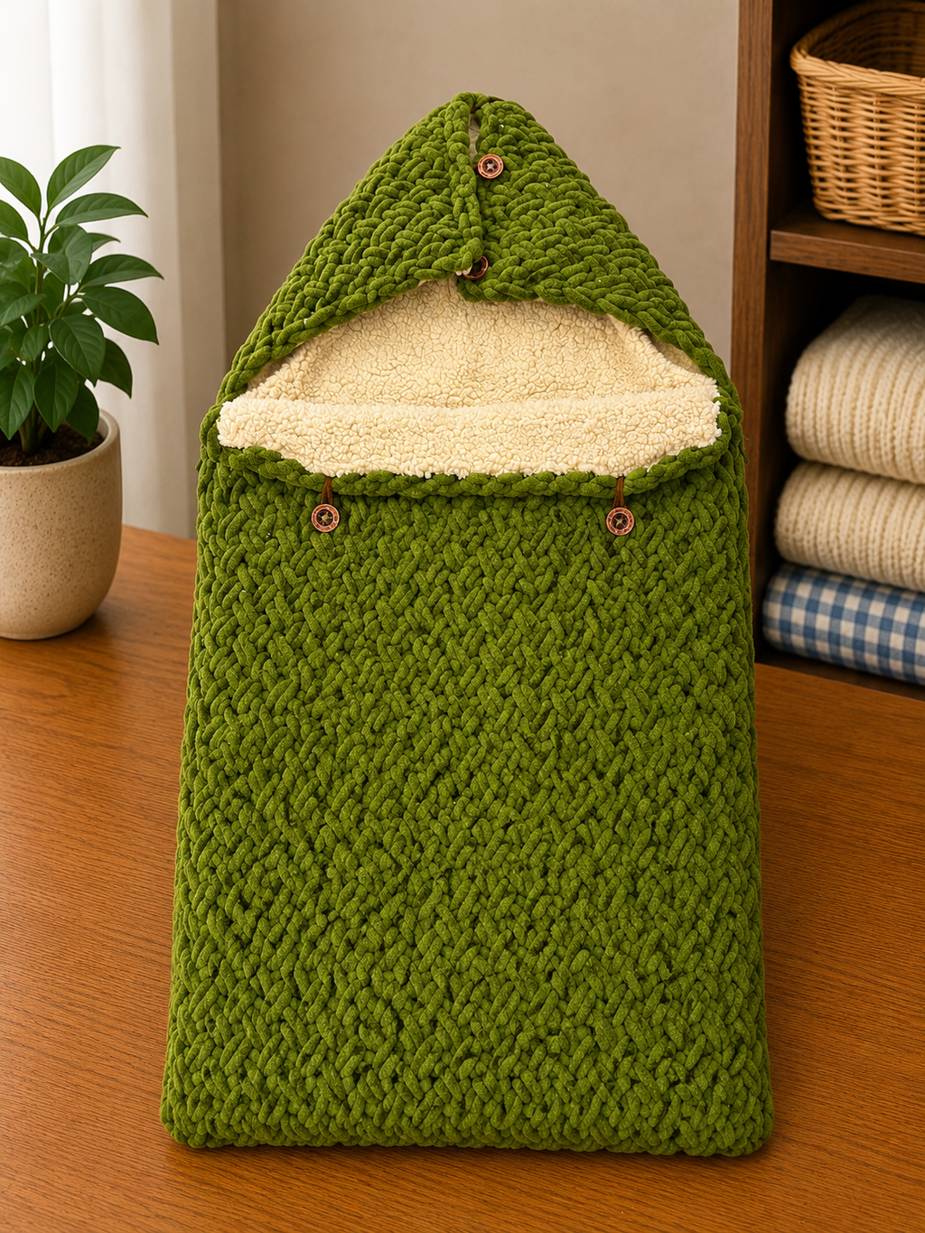 Yellow Apple warm side zip fur Hooded sleeping bag - cable design ( Green)