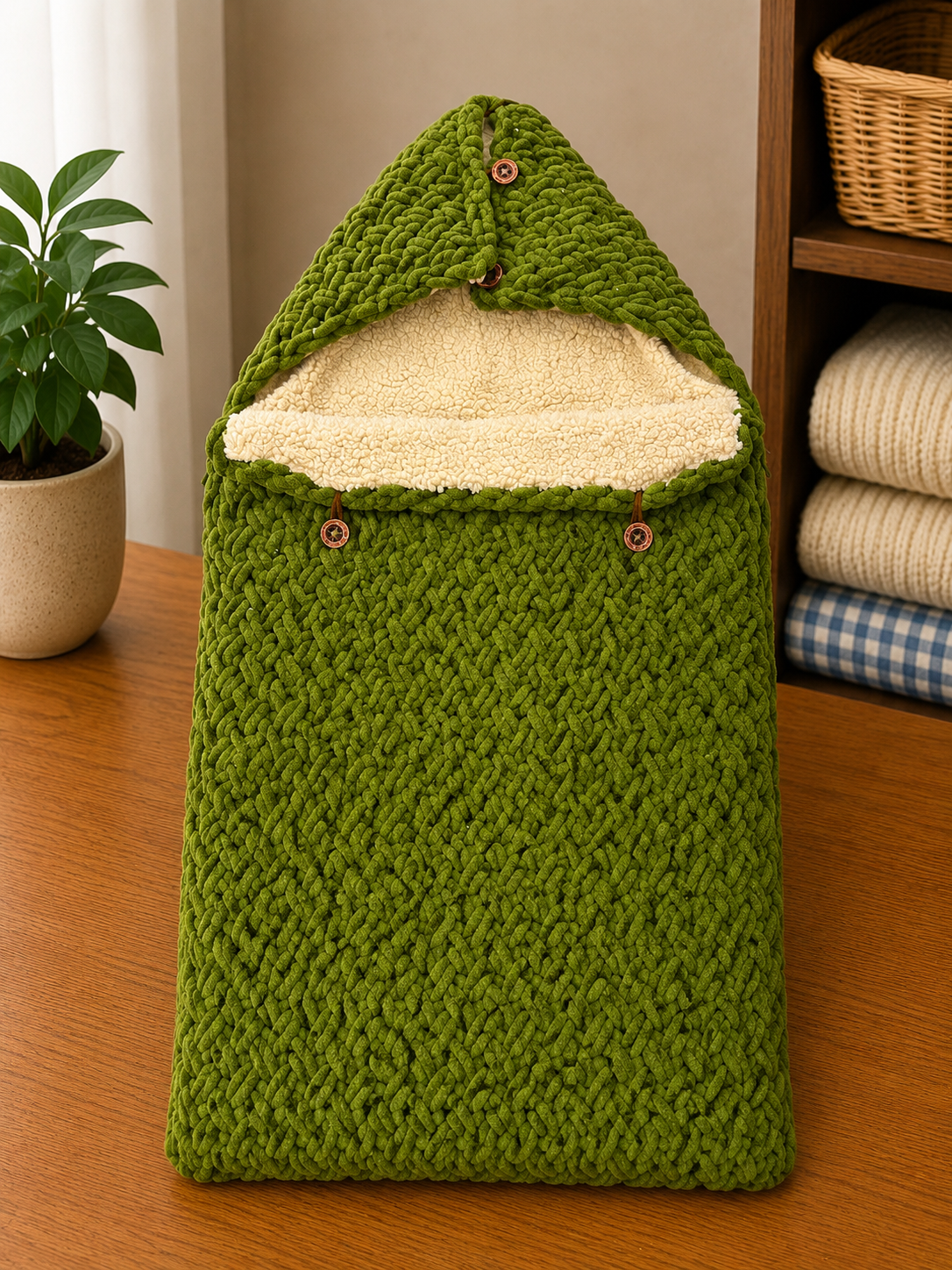 Yellow Apple warm side zip fur Hooded sleeping bag - cable design ( Green)