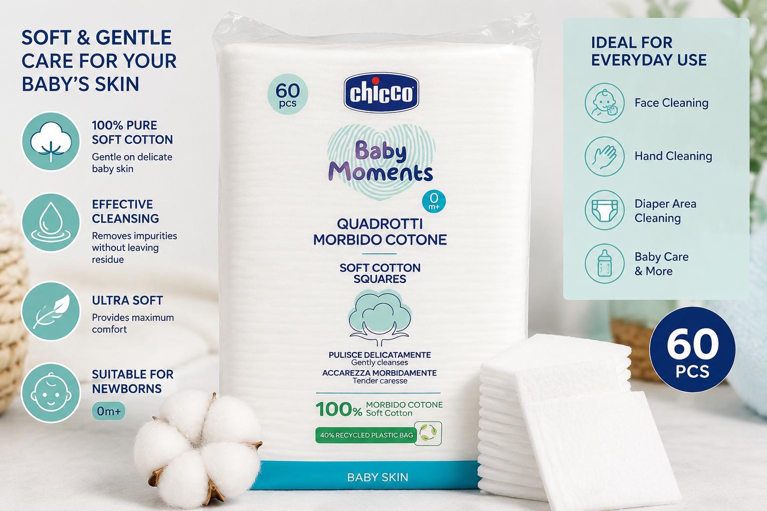 Chicco soft cotton squares - 60pcs - 100% soft cotton