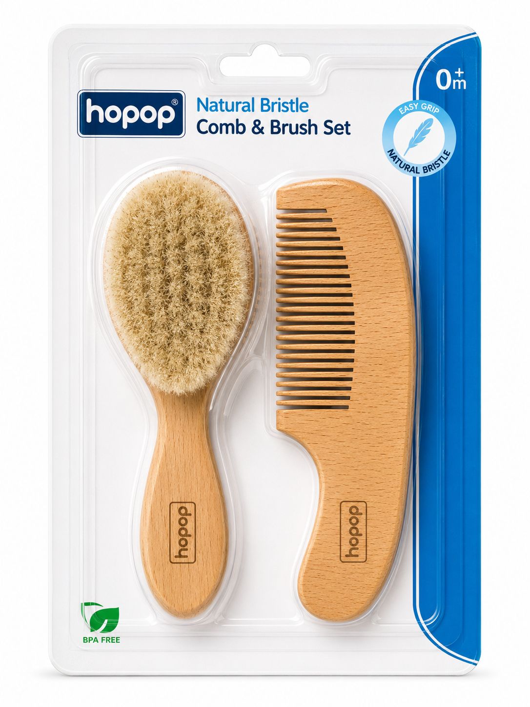 Hopop natural bristle comb & brush set (wooden)