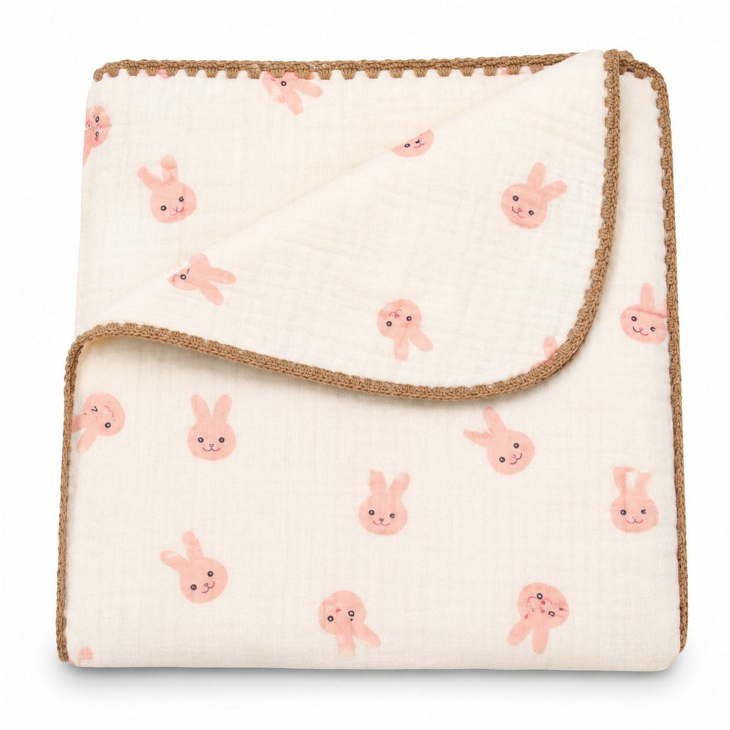 Baby 8 layer breathable Muslin blanket (pink bunny print)