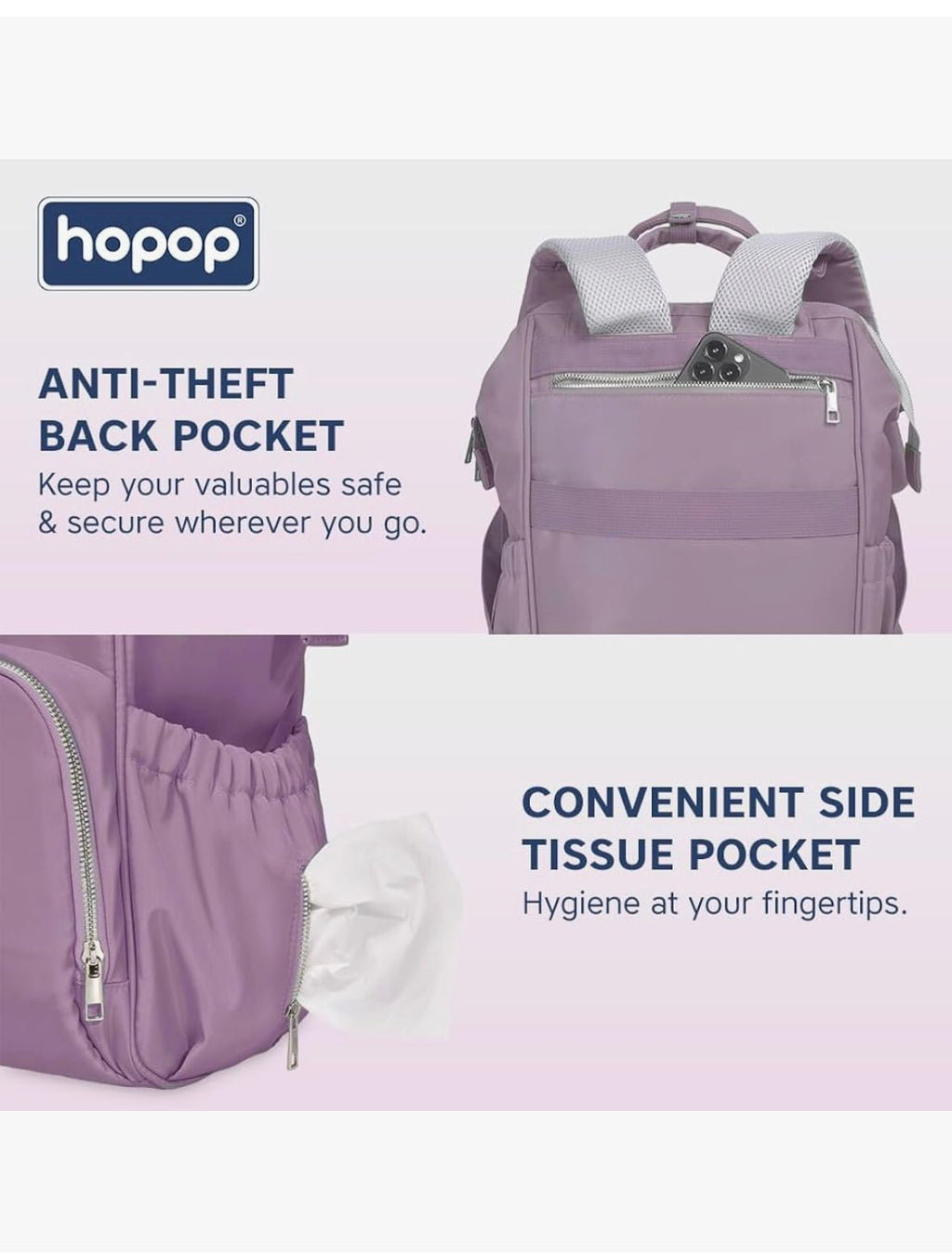 Hopop diaper bag for mothers - Multifunctional bag- large storage (lavendar)