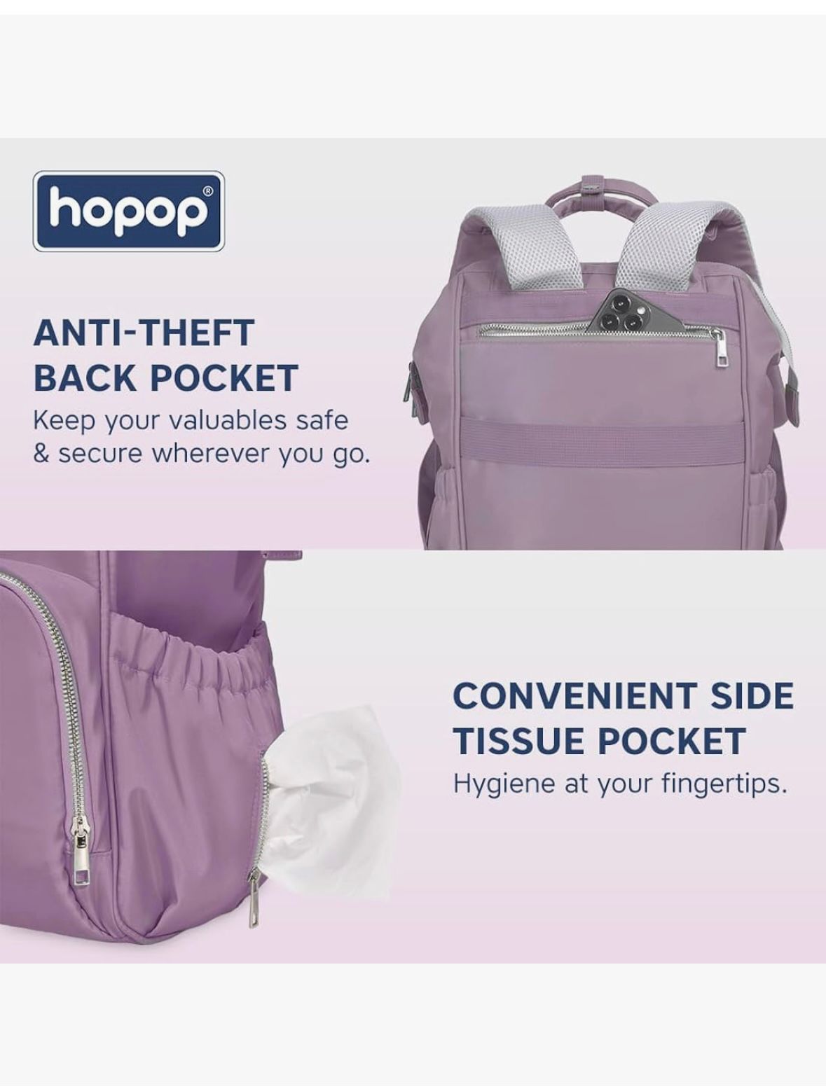 Hopop diaper bag for mothers - Multifunctional bag- large storage (lavendar)
